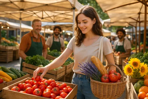 Una mujer joven elige tomates en un mercado campesino con una cesta de productos
