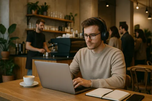 Estudiante con auriculares trabaja en su portátil en una acogedora cafetería
