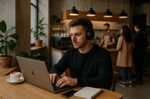Hombre con auriculares trabajando en una computadora portátil en una acogedora cafetería