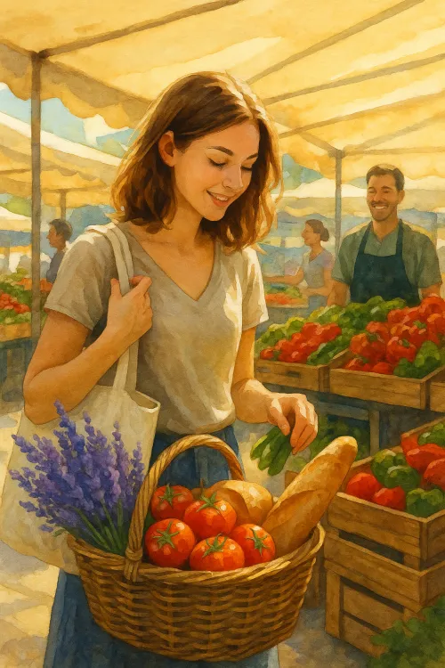 Chica eligiendo verduras en un mercado al aire libre, sosteniendo una cesta con tomates y cebollas.