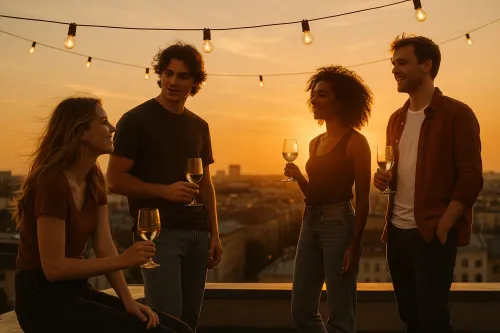 Un grupo de amigos disfrutando de una noche en la azotea, con copas de vino al atardecer