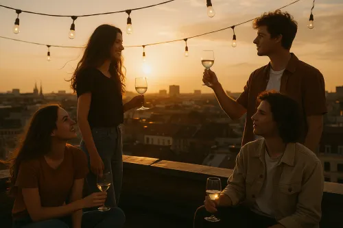 Un grupo de amigos disfrutando del atardecer y brindando con copas de vino