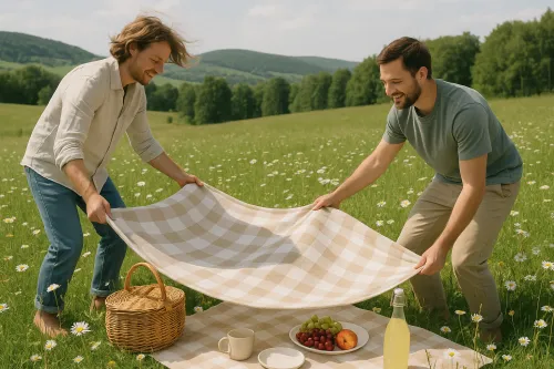 Dos hombres se preparan para un picnic frente a la naturaleza con flores