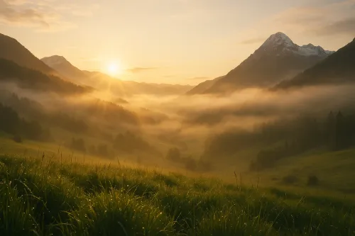 Paisaje montañoso con niebla y salida del sol sobre el valle