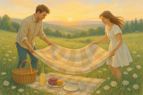 Una joven pareja preparando una manta para un picnic frente a la puesta de sol