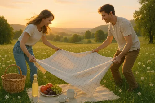 Una pareja está preparando una manta para un picnic en un campo verde