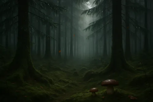 Mysterious Forest Landscape with Mushrooms in the Fog