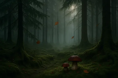 Enigmatic forest with mushrooms against the backdrop of misty trees and autumn leaves