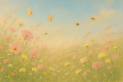Un paisaje suave con flores y mariposas bajo un cielo azul