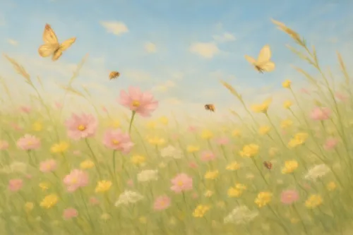 Paisaje romántico con flores, mariposas y abejas sobre un fondo de cielo