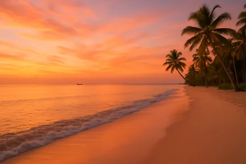Hermosa playa tropical con palmeras y un atardecer en el horizonte