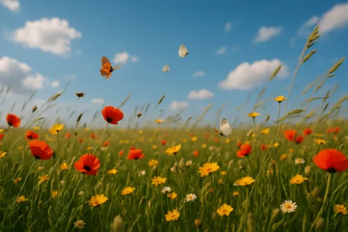 Butterflies fluttering above bright flowers in a blooming field