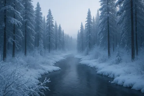 Snowy forest with a river against the backdrop of a misty winter morning