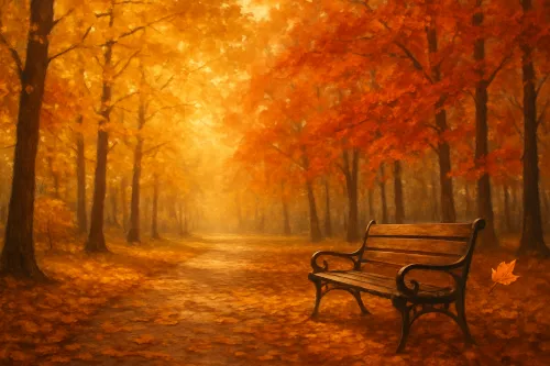 Sunny autumn day in a park with a wooden bench