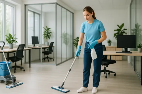 Mujer limpiando en una oficina moderna con plantas