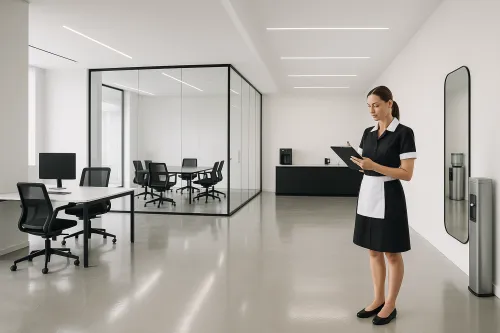 Limpiadora en una oficina decorada en estilo minimalista con paredes de vidrio