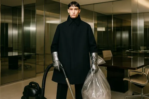 Modelo elegante con abrigo negro, aspiradora y bolsa de basura