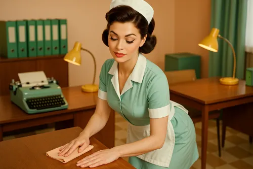 Женщина в медицинской униформе приводит в порядок кабинет с типwriter