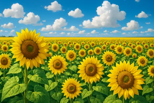 Panorama de un campo de girasoles contra un cielo azul y nubes