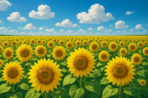 Amplio campo de girasoles con colores brillantes y cielo nublado