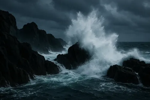 The Sea Element Breaking Against Rocks Under a Dark Sky