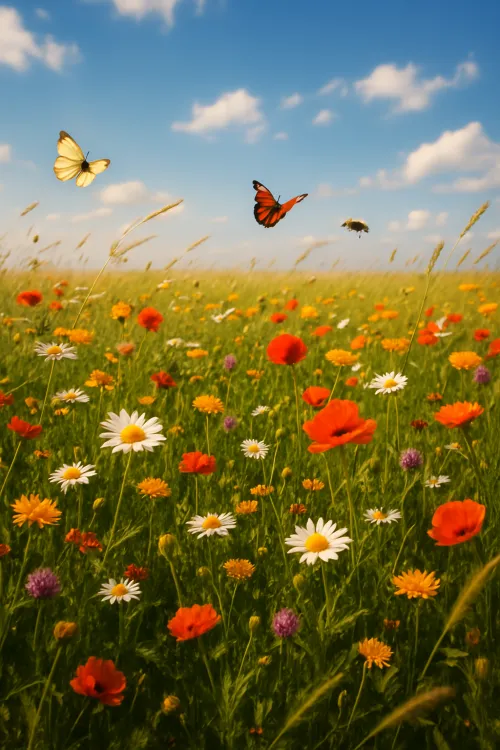 Bright meadow with colorful flowers and flying butterflies and bees