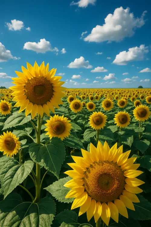 Campo de girasoles con flores brillantes y un cielo nublado