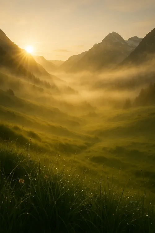 Paisaje cautivador del amanecer matutino en las montañas con niebla