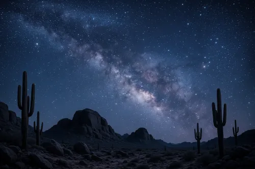 Cielo nocturno lleno de estrellas, con cactus y siluetas de montañas