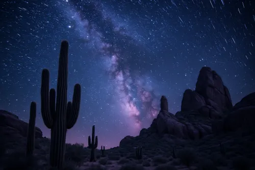 Vista de la Vía Láctea y cactus en el desierto por la noche