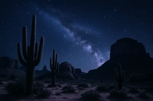 Cielo nocturno con brillantes estrellas y la Vía Láctea sobre los cactus