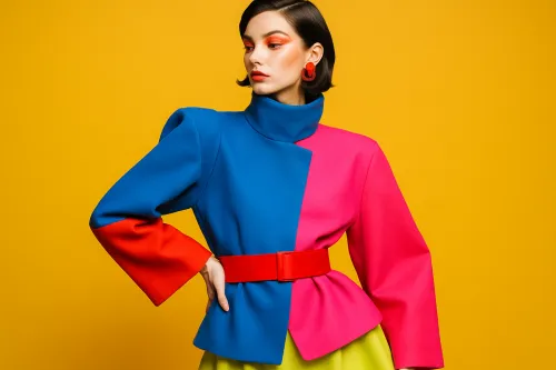 Modelo con una chaqueta multicolor elegante y un maquillaje vibrante