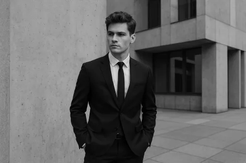 Joven en traje negro formal junto a un edificio moderno