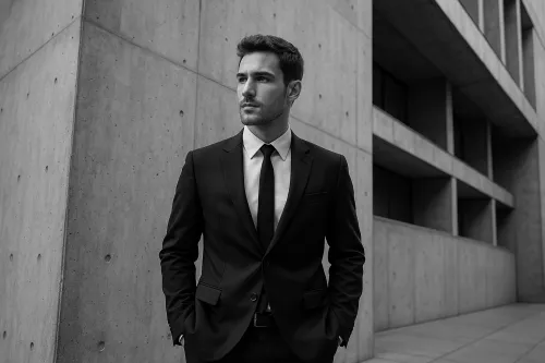 Man in a black formal suit standing against a concrete wall