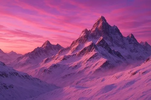 Majestuosas cumbres montañosas bajo un cielo púrpura al atardecer