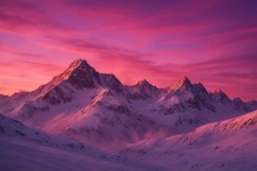 Beautiful mountain landscape with snow-capped peaks and a vibrant sunset sky