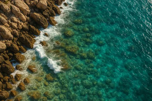 Foto de la costa con agua cristalina y grandes piedras