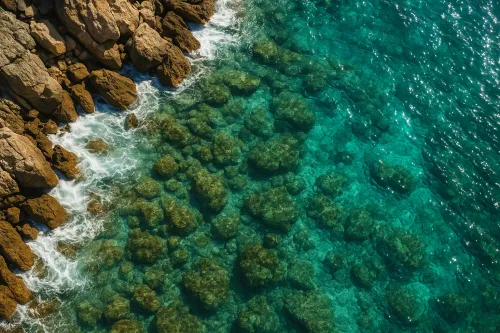 Aerial view of transparent water and a stony shore.