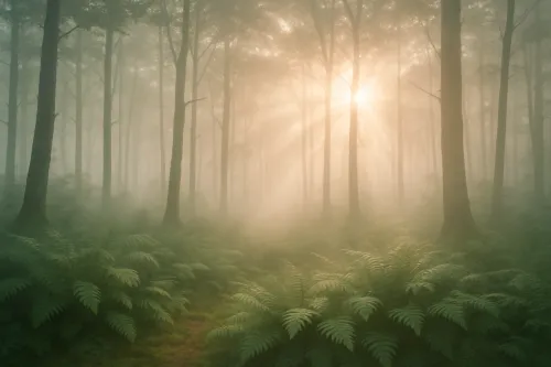 paisaje de un bosque en la niebla con rayos de sol y helechos verdes