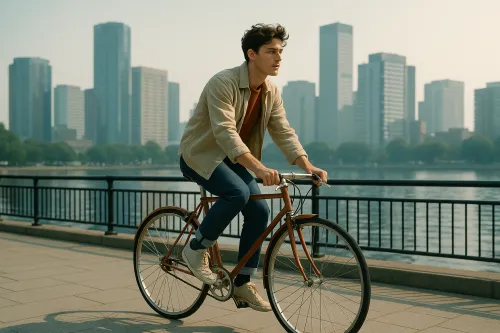 A guy riding a bicycle along the river in an urban setting