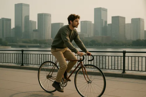 A young man rides a bicycle along the river in an urban setting