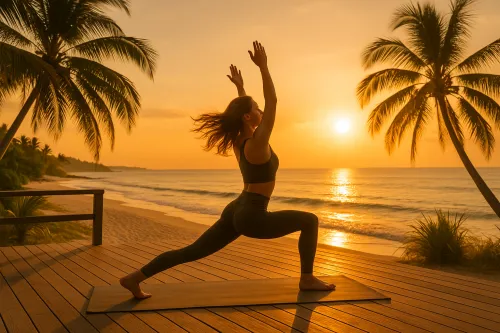 Woman performing a yoga pose against the backdrop of a sunset and the ocean