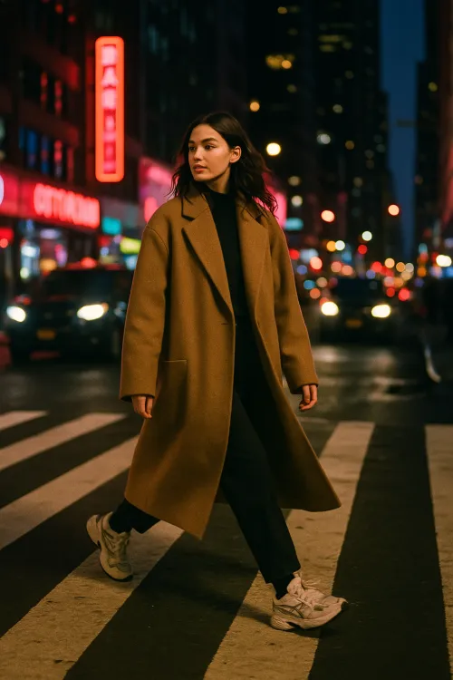 Joven mujer con un abrigo marrón caminando por las calles de Nueva York