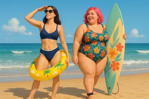Two women on the beach in bright swimsuits with accessories