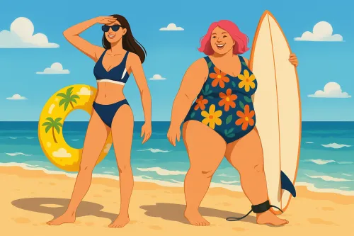 Two women on the beach with a swimming ring and a surfboard