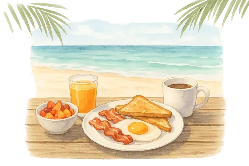 Composición plana con desayuno y vista al mar