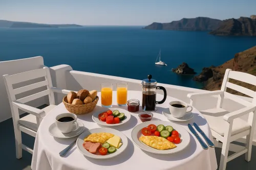 Desayuno abundante en la terraza con paisaje marino de fondo