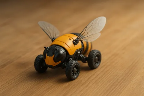 Imagen de un robot avispón con ruedas y alas transparentes