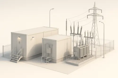 Imagen detallada de una subestación eléctrica con transformadores, cables y iluminación