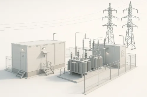 Modern electric substation with transformers and power lines